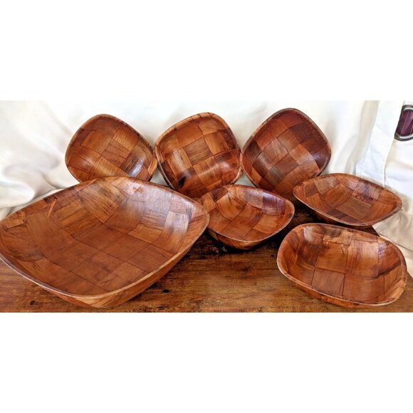 7pc Vintage Boho Woven Wood Salad Bowl Set – Mid Century Natural Kitchen Decor - Picture 2 of 4